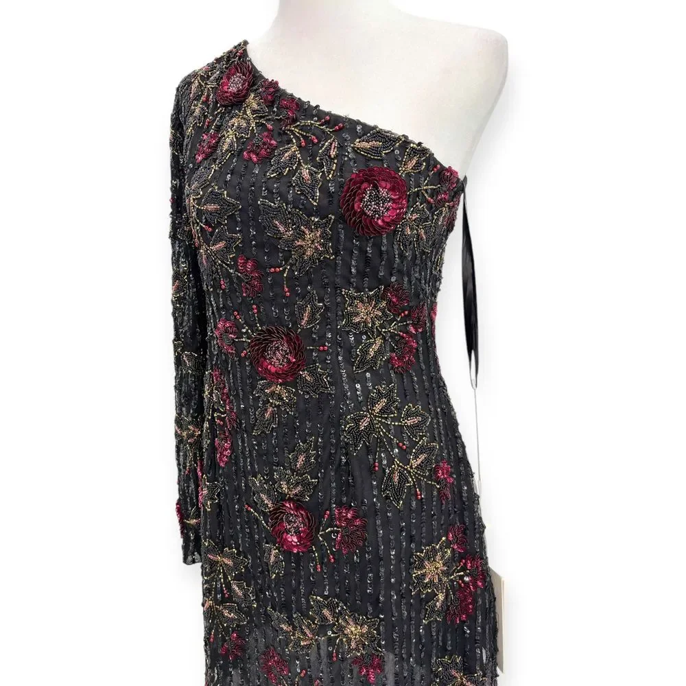 Mac Duggal NEW Black One Shoulder Floral Leaf Embellished Mini Dress $558 Size 6